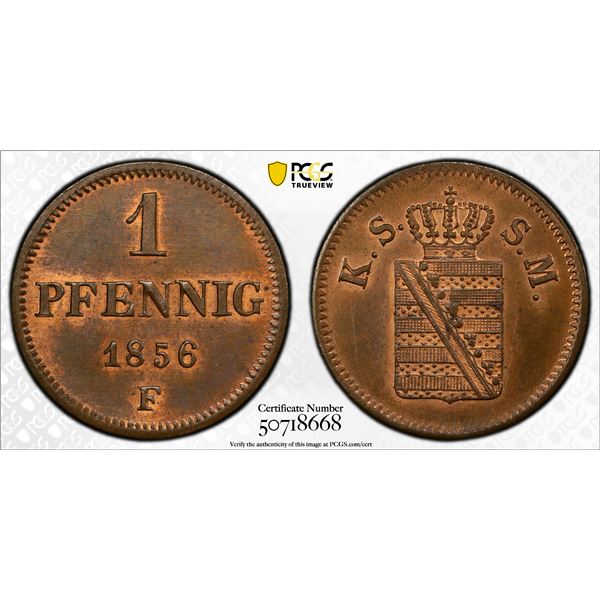 SAXONY: Johann, 1854-1873, AE pfennig, 1856-F, PCGS MS64 RB