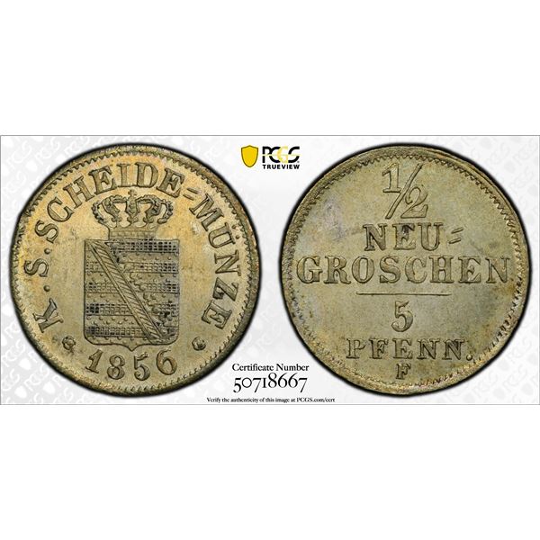 SAXONY: Johann, 1854-1873, BI 1/2 neugroschen / 5 pfennig, 1856-F, PCGS MS63