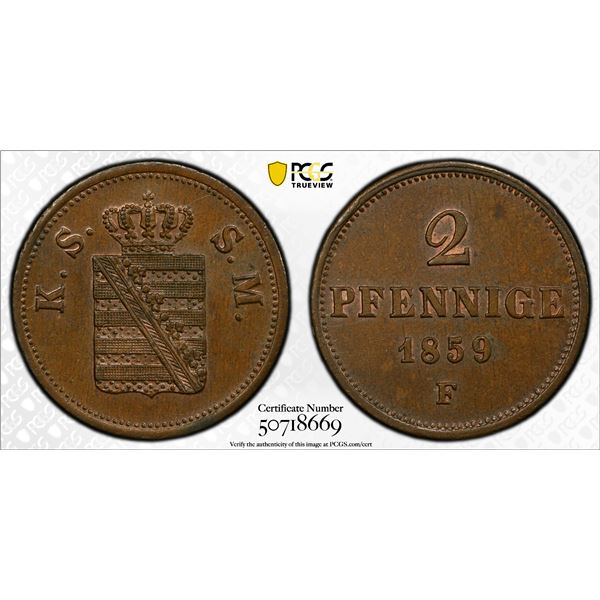 SAXONY: Johann, 1854-1873, AE 2 pfennig, 1859-F, PCGS MS63 BN