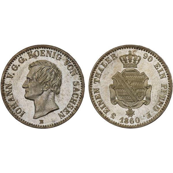 SAXONY: Johann, 1854-1873, AR 1/3 thaler, 1860-B, Unc
