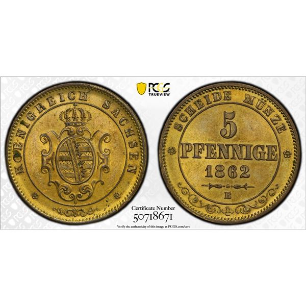 SAXONY: Johann, 1854-1873, AE 5 pfennig, 1862-B, PCGS MS64 RB