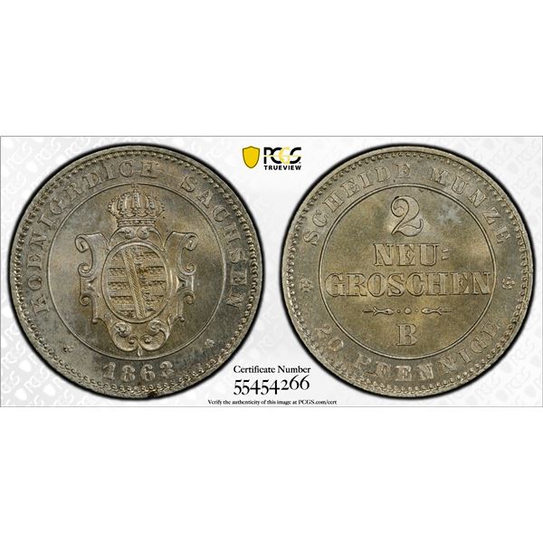 SAXONY: Johann, 1854-1872, AR 2 groschen, 1863, PCGS MS64