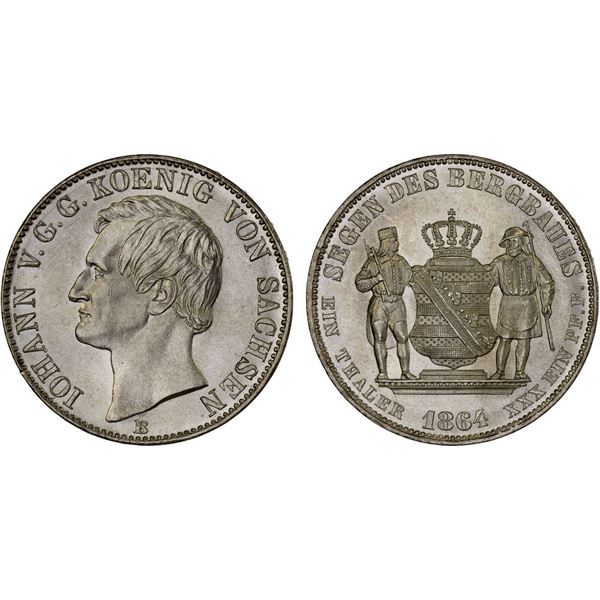 SAXONY: Johann, 1854-1873, AR vereinsthaler, 1864-B, Unc