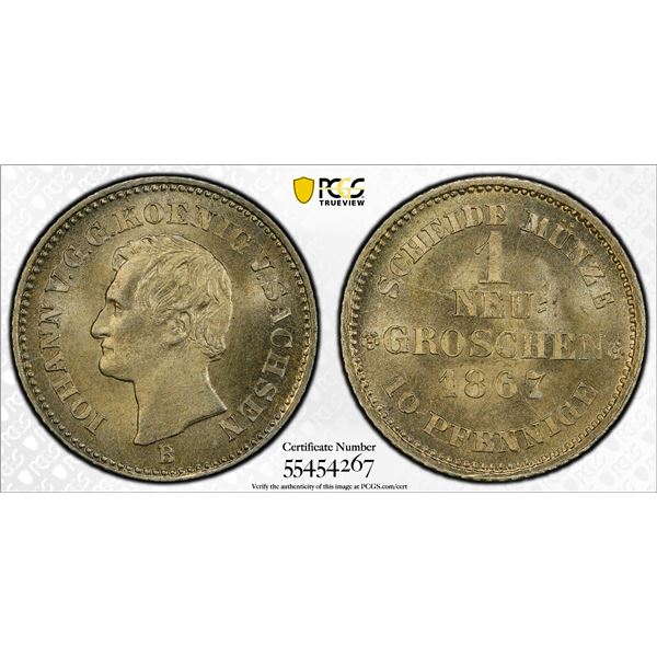SAXONY: Johann, 1854-1872, AR groschen, 1867, PCGS MS66