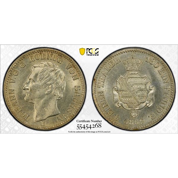 SAXONY: Johann, 1854-1872, AR 1/6 thaler, 1869, PCGS MS64