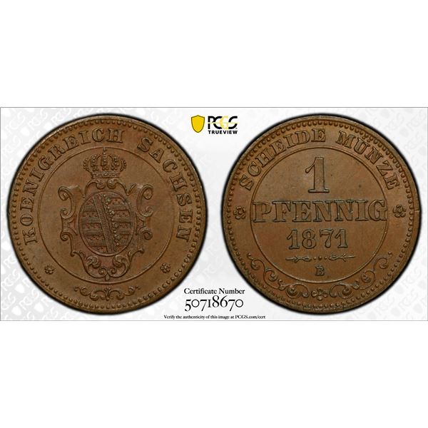 SAXONY: Johann, 1854-1873, AE pfennig, 1871-B, PCGS MS64 BN