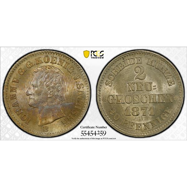 SAXONY: Johann, 1854-1873, AR 2 groschen, 1871, PCGS MS63
