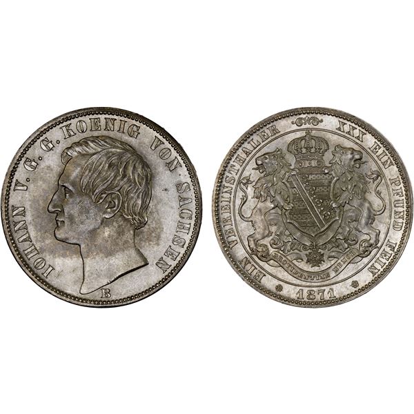 SAXONY: Johann, 1854-1873, AR vereinsthaler, 1871-B, Unc