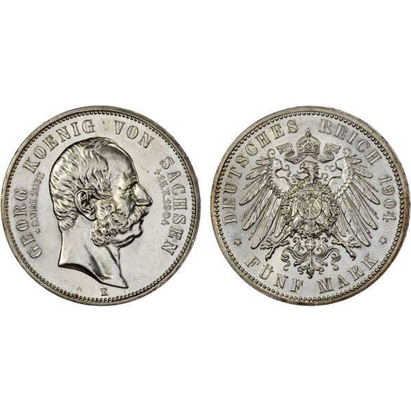 SAXONY: Friedrich August III, 1904–1918, AR 5 mark, 1904-E, AU