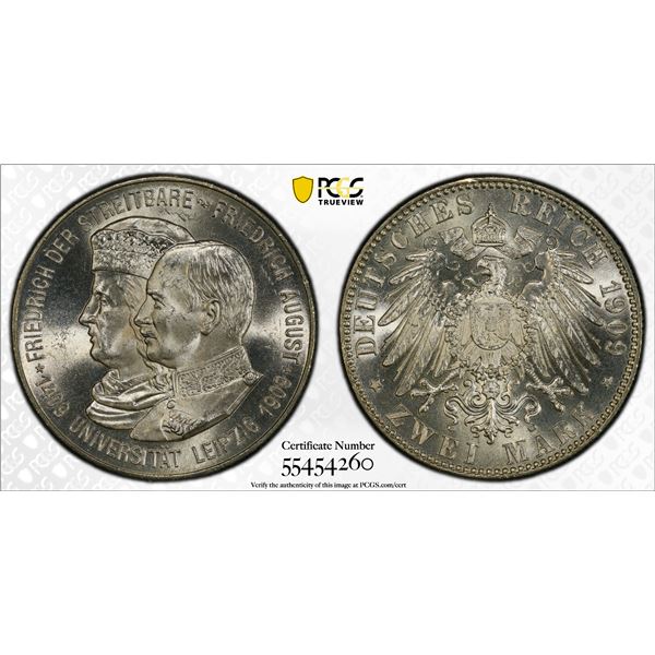 SAXONY: Friedrich August III, 1904-1918, AR 2 mark, 1909, PCGS MS65