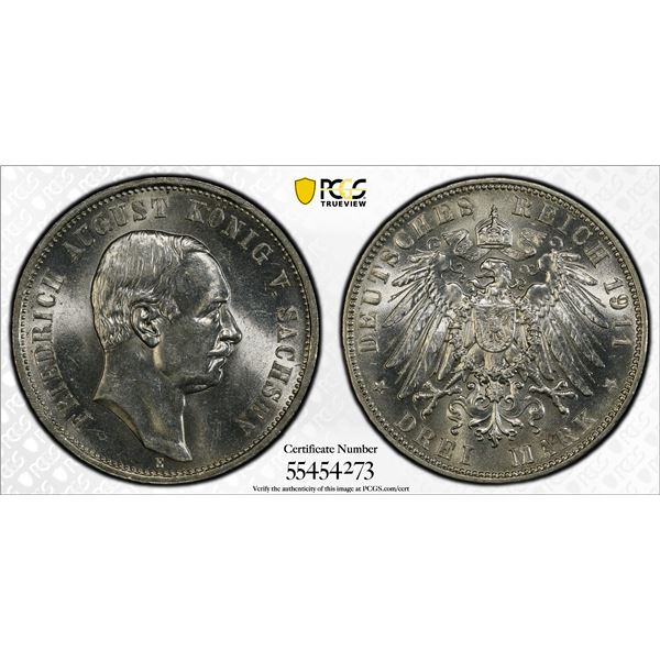 SAXONY: Friedrich August III, 1904-1918, AR 3 mark, 1911-E, PCGS MS63