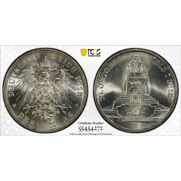 SAXONY: Friedrich August III, 1904-1918, AR 3 mark, 1913-E, PCGS MS65