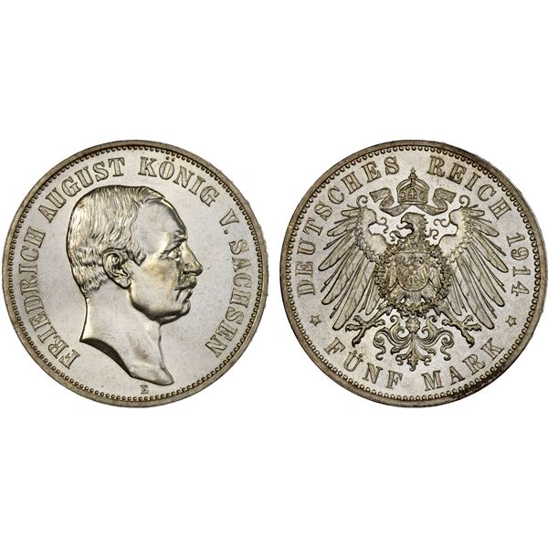SAXONY: Friedrich August III, 1904-1918, AR 5 mark, 1914-E, Unc