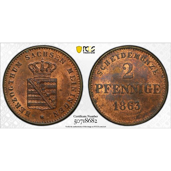SAXE-MEININGEN: Bernhard II, 1803-1863, AE 2 pfennig, 1863, PCGS MS63 RB