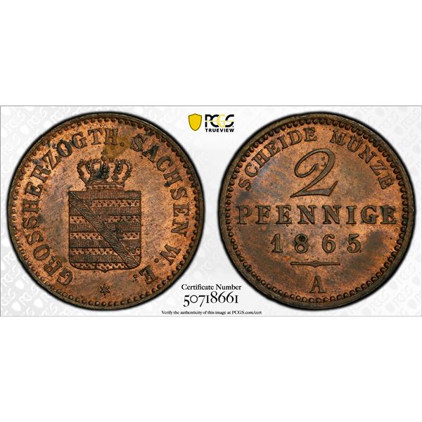 SAXE-WEIMAR-EISENACH: Karl Alexander, 1853-1901, AE 2 pfennig, 1865, PCGS MS64 RB