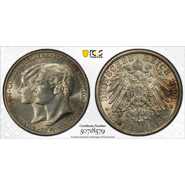 SAXE-WEIMAR-EISENACH: Wilhelm Ernst, 1901-1918, AR 2 mark, 1903-A, PCGS MS63