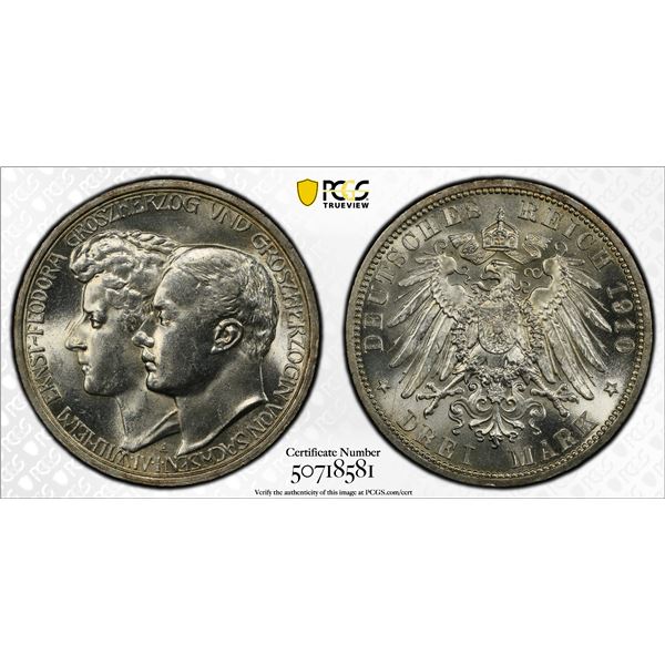 SAXE-WEIMAR-EISENACH: Wilhelm Ernst, 1901-1918, AR 3 mark, 1910-A, PCGS MS63