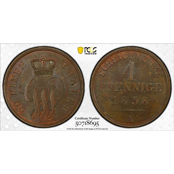 SCHAUMBURG-LIPPE: Georg Wilhelm, 1807-1860, AE 4 pfennig, 1858, PCGS MS63 BN