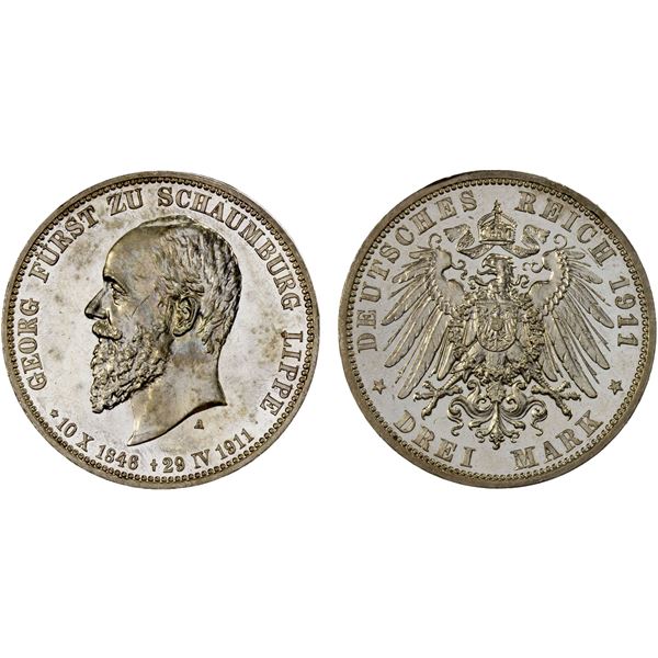 SCHAUMBURG-LIPPE: Albrecht Georg, 1893-1911, AR 3 mark, Berlin, 1911-A, Unc