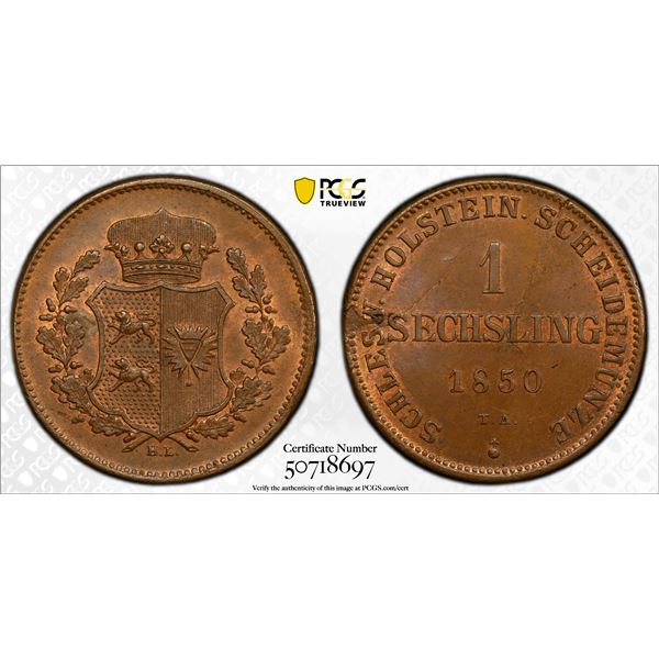 SCHLESWIG-HOLSTEIN: Rebel Provisional Government, AE sechsling, 1850, PCGS MS64 BN
