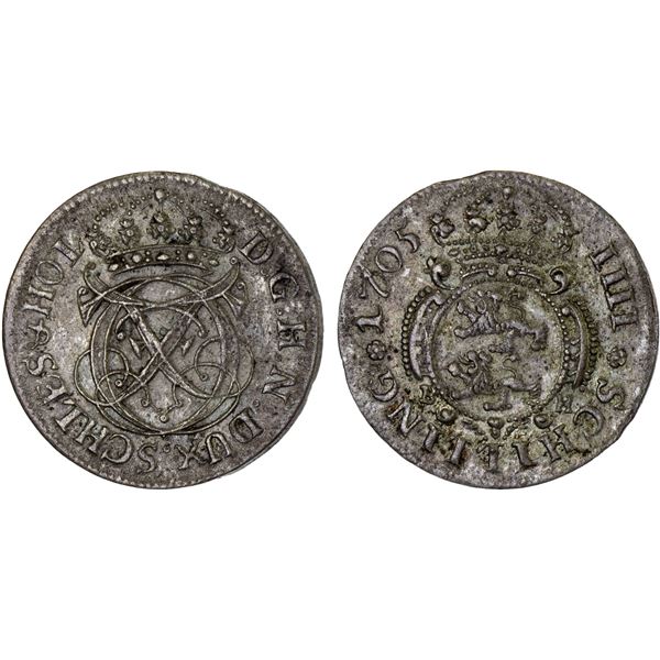 SCHLESWIG-HOLSTEIN-GOTTORP: Karl Friedrich, 1702-1739, AR 4 schilling, 1705, XF