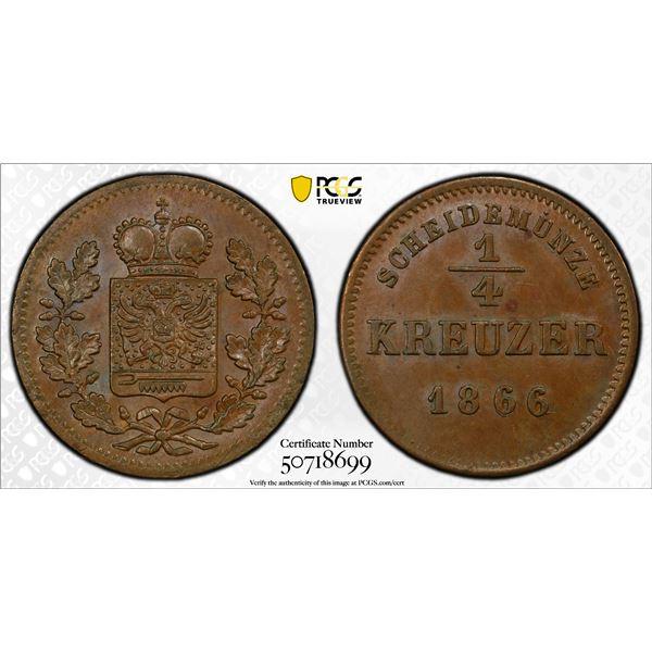 SCHWARZBURG-RUDOLSTADT: Friedrich Günther, 1807-1867, AE 1/4 kreuzer, 1866, PCGS MS64 BN