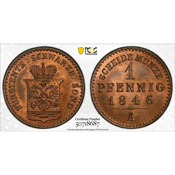 SCHWARZBURG-SONDERSHAUSEN: Günther Friedrich Karl II, 1835-1880, AE pfennig, 1846-A, PCGS MS65 RB