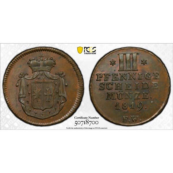 WALDECK-PYRMONT: Georg II, 1813-1845, AE 3 pfennig, 1819, PCGS MS63 BN