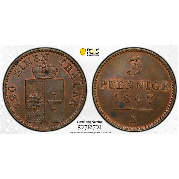 WALDECK-PYRMONT: George Victor, 1845-1893, AE 3 pfennig, 1867-B, PCGS MS63 BN