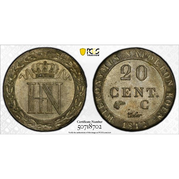 WESTPHALIA: Jérôme Bonaparte, 1807-1813, BI 20 centimes, Kassel, 1812, PCGS MS63