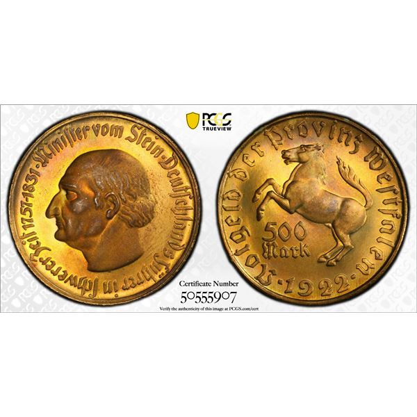 WESTPHALIA: 500 mark, 1922, PCGS MS65