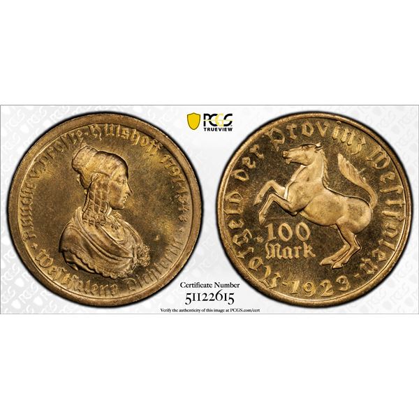 WESTPHALIA: AE 100 mark, 1923, PCGS MS65