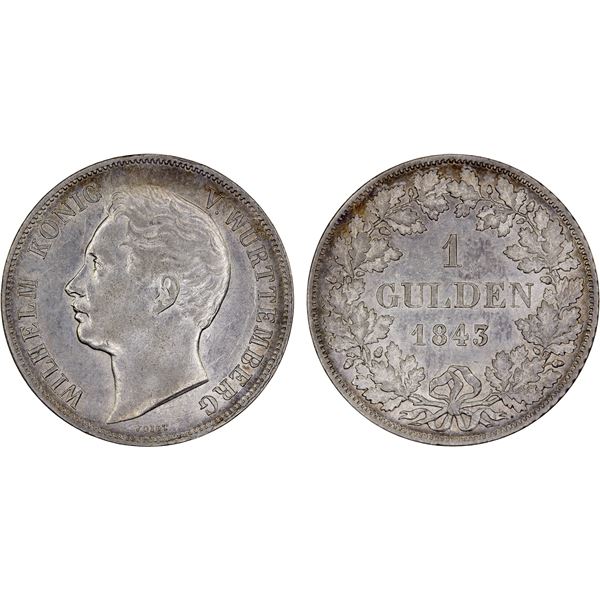 WÜRTTEMBERG: Wilhelm I, 1816-1864, AR gulden, 1843, XF