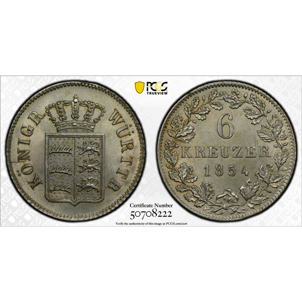 WÜRTTEMBERG: Wilhelm I, 1816-1864, AR 6 kreuzer, 1854, PCGS MS64