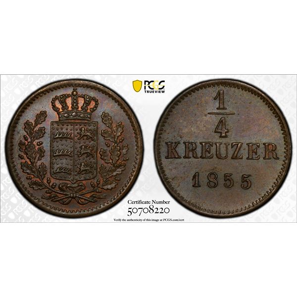 WÜRTTEMBERG: Wilhelm I, 1816-1864, AE 1/4 kreuzer, 1855, PCGS MS65 BN