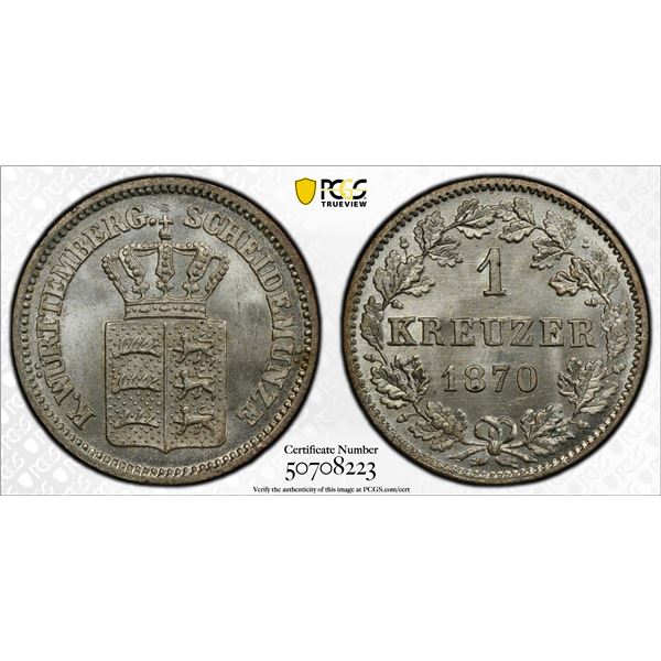 WÜRTTEMBERG: Karl I, 1864-1891, AR kreuzer, 1870, PCGS MS65