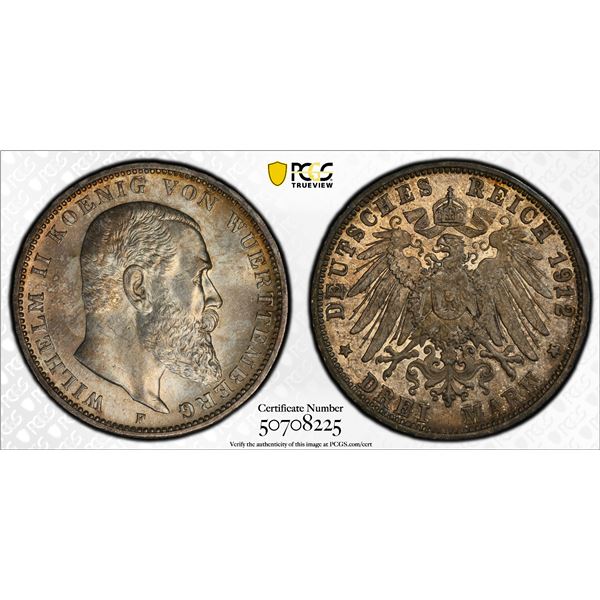 WÜRTTEMBERG: Wilhelm II, 1891-1918, AR 3 mark, 1912-F, PCGS MS63