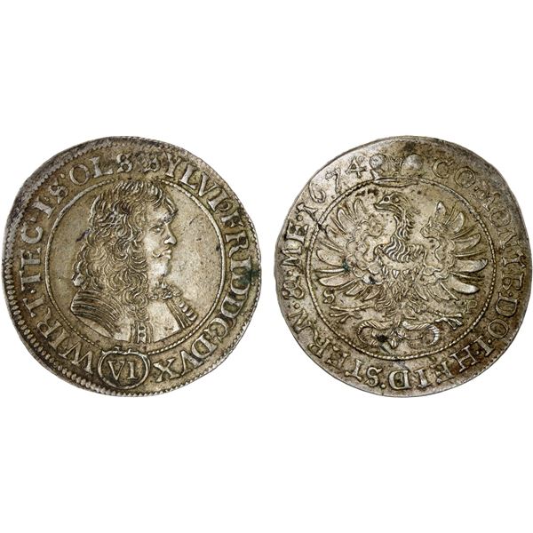 WÜRTTEMBERG-ÖLS: Sylvius Friedrich, 1664-1697, AR 6 kreuzer, 1674, AU