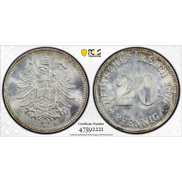 GERMANY: Kaiserreich, AR 20 pfennig, 1874-G, PCGS MS66