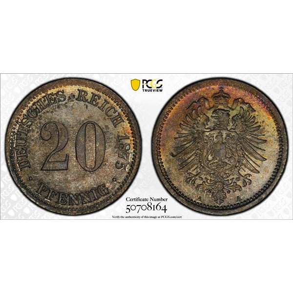 GERMANY: Kaiserreich, AR 20 pfennig, 1875-A, PCGS MS65