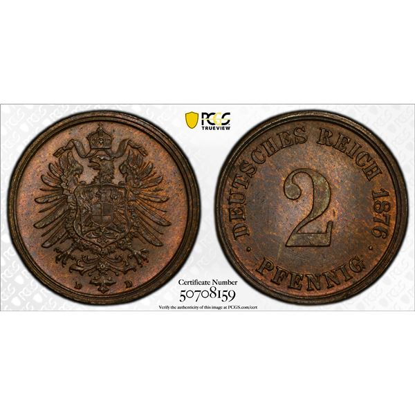 GERMANY: Kaiserreich, AE 2 pfennig, 1876-D, PCGS MS65 BN