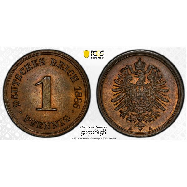 GERMANY: Kaiserreich, AE pfennig, 1886-A, PCGS MS65 RB
