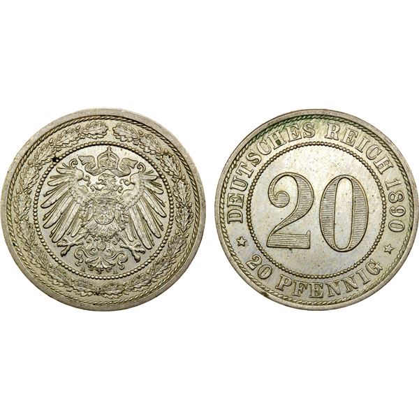 GERMANY: Kaiserreich, 20 pfennig (6.21g), 1890 A, choice AU