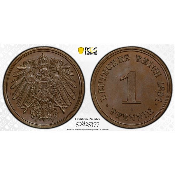 GERMANY: Kaiserreich, AE pfennig, 1891-E, PCGS MS65 BN