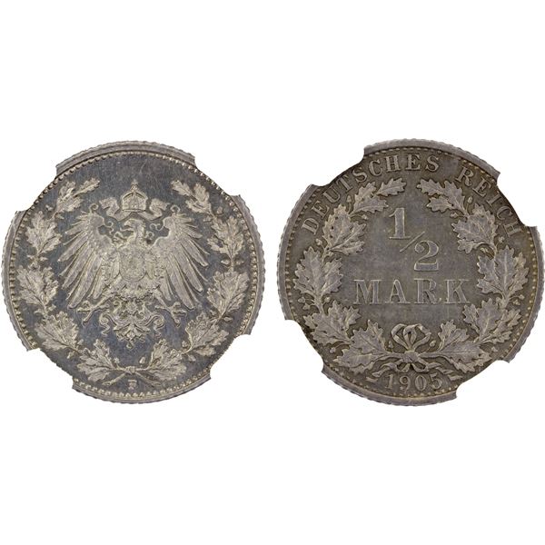 GERMANY: Kaiserreich, AR 1/2 mark, Stuttgart, 1905-F, NGC Proof 62