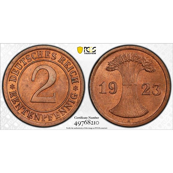 GERMANY: Weimar Republic, AE 2 rentenpfennig, Berlin, 1923-A, PCGS MS65 RB