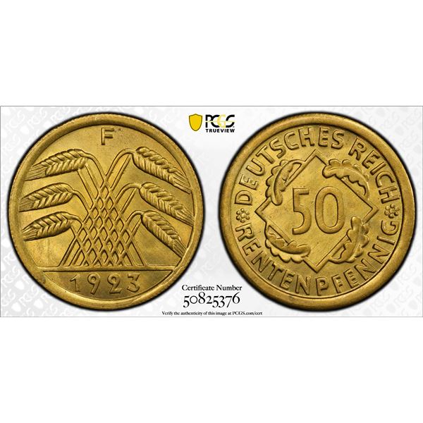 GERMANY: Weimar Republic, 50 rentenpfennig, 1923-F, PCGS MS66