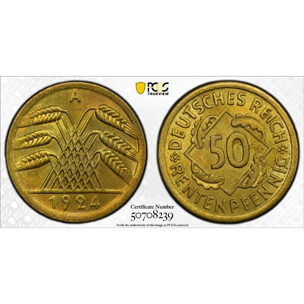 GERMANY: Weimar Republic, 50 reichspfennig, 1924-A, PCGS MS65