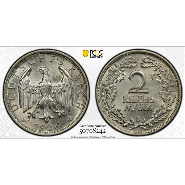 GERMANY: Weimar Republic, AR 2 reichsmark, 1926-D, PCGS MS64
