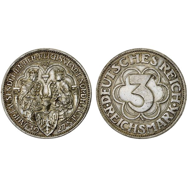 GERMANY: Weimar Republic, AR 3 reichsmark, 1927-A, Choice XF